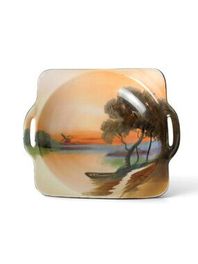 Noritake Porcelain Two Handle Bonbon Dish Hand Painted Landscape Windmill Japan